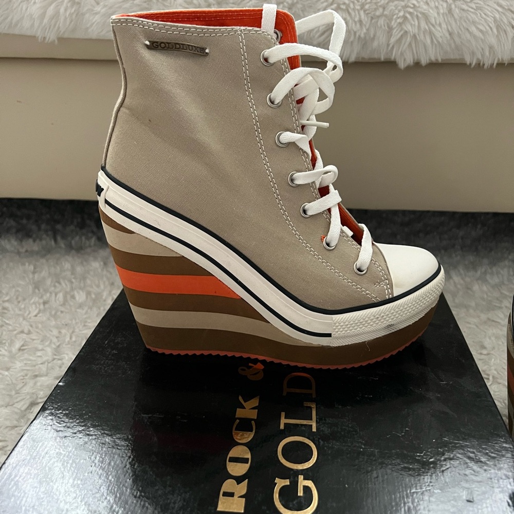 Rock & Candy Beige and Orange Wedge Sneakers